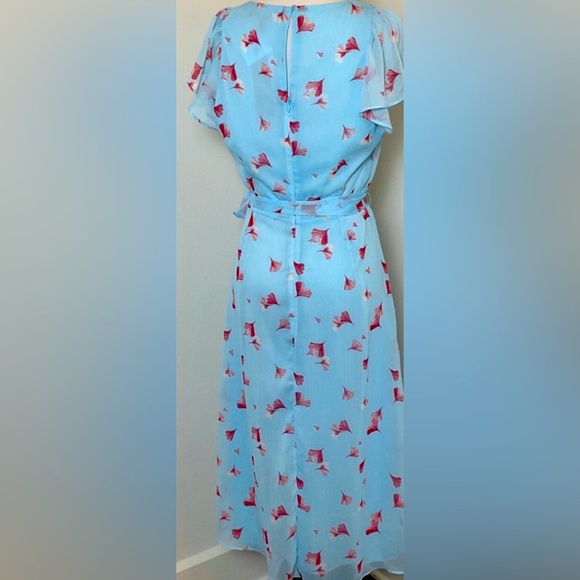 Banana Republic size 8 & 10 Blue Red Belted Flutter Sleeve Floral A-Line Women - Picture 3 of 15